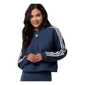 Adidas Originals 3 Stripe Crop Hoodie Sweatshirt Mineral Blue Long Sleeve M